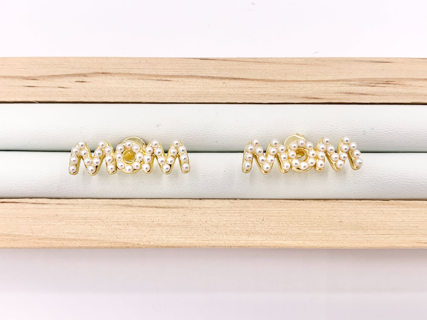 Cute MOM Studs with Pearls Mother's Day Earrings in 18K Gold plated Copper Gift For Mom 3 PAIRS