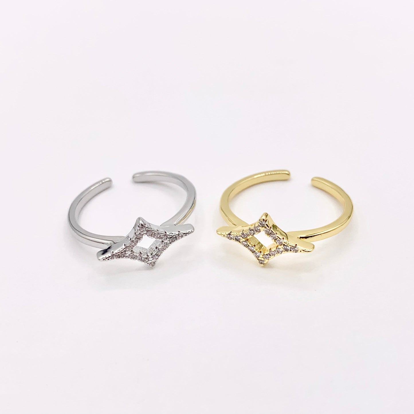 Dainty Diamond Shape Stackable Ring Gold/Silver 18K Plated Copper CZ Pave Adjustable Ring 4 PCS