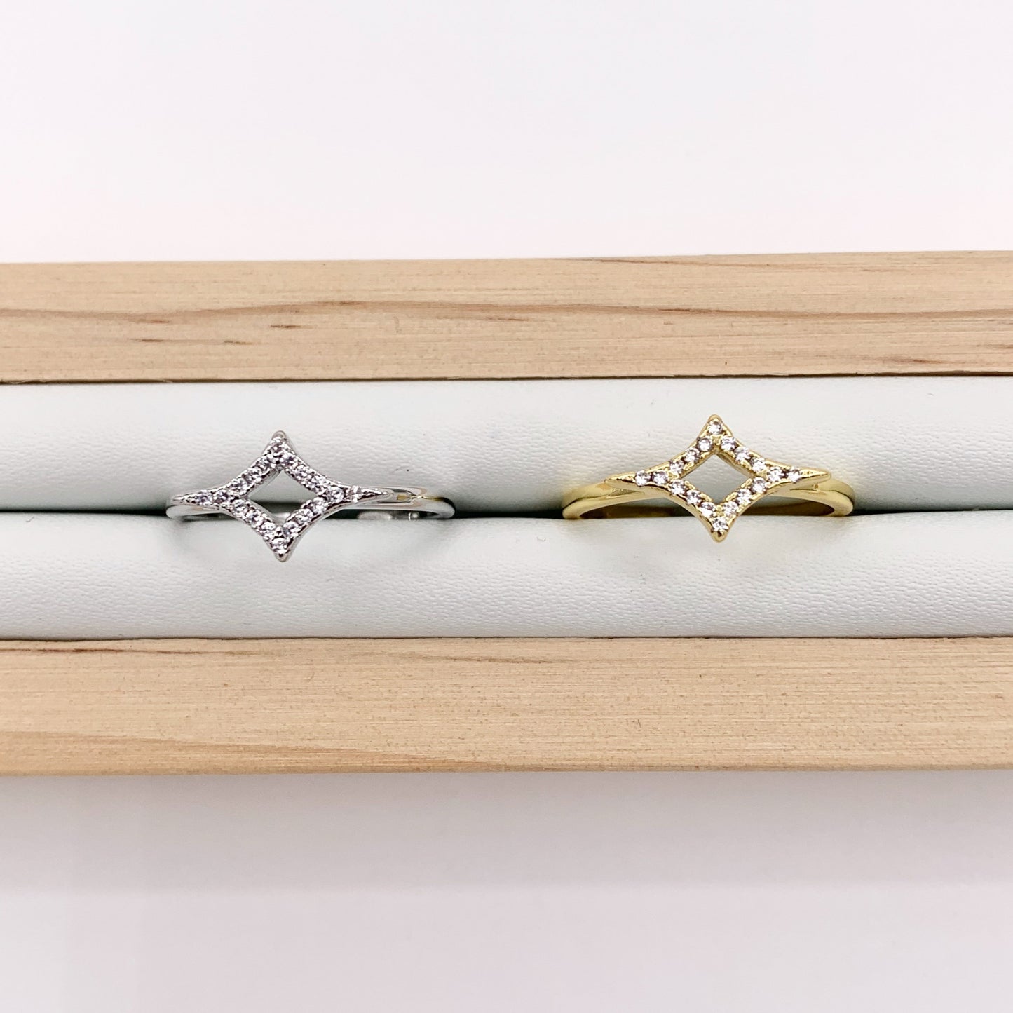 Dainty Diamond Shape Stackable Ring Gold/Silver 18K Plated Copper CZ Pave Adjustable Ring 4 PCS