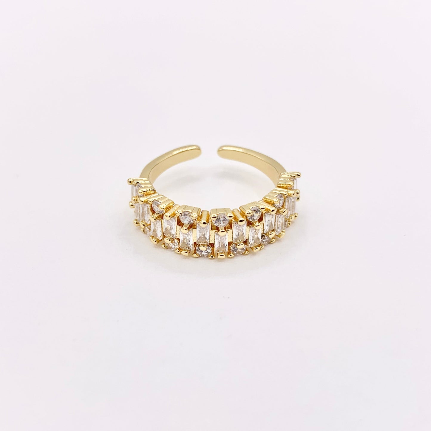 Glamourous Rhinestone Bridal Style Adjustable Baguette Rings in 18K Gold Plated Copper 4 PCS