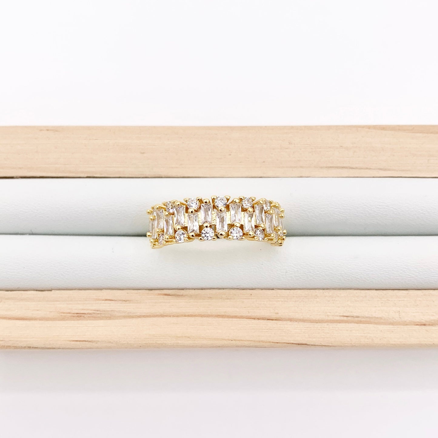 Glamourous Rhinestone Bridal Style Adjustable Baguette Rings in 18K Gold Plated Copper 4 PCS