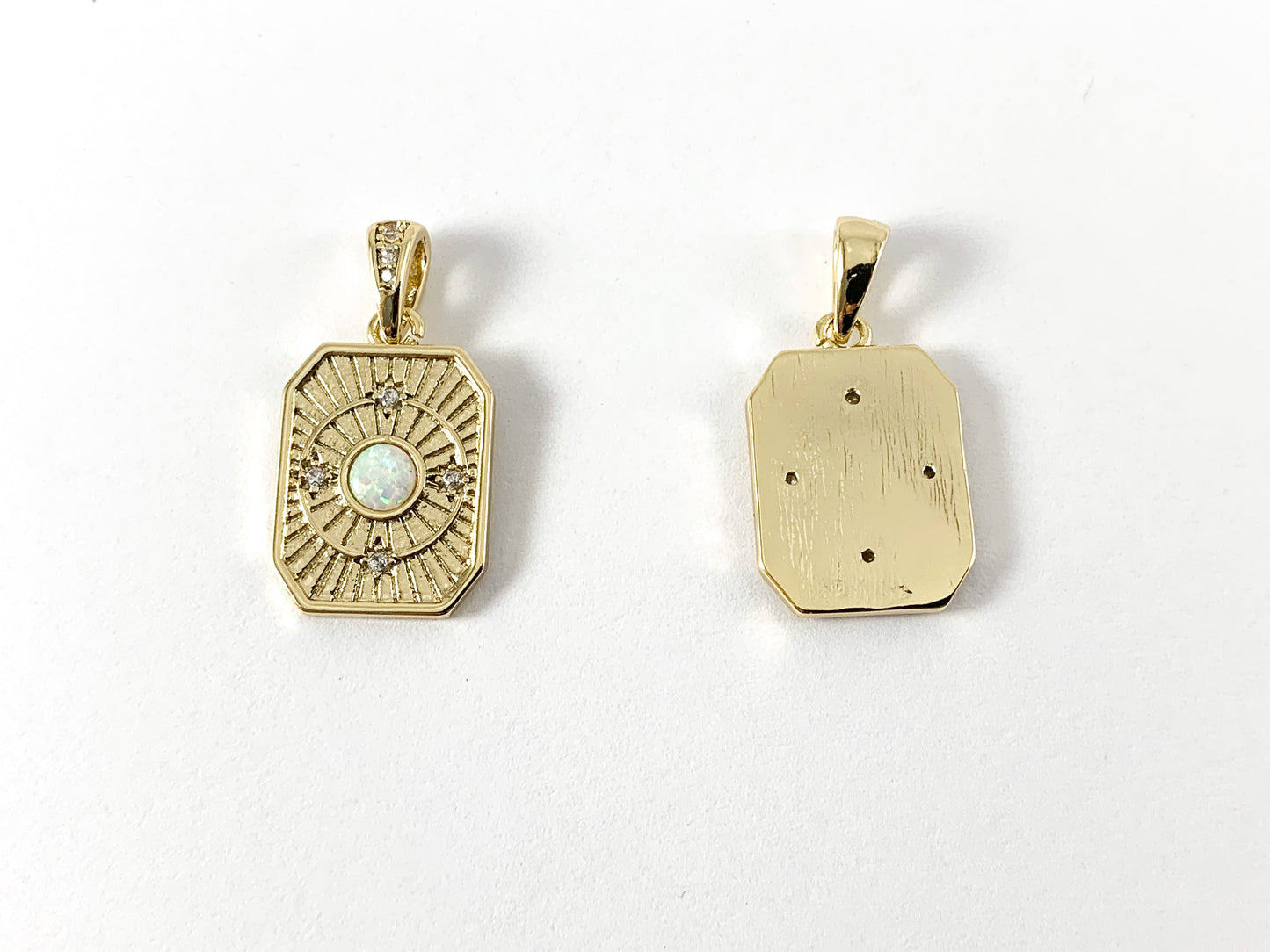 Real Gold 18K Plated CZ Pave Rectangle Tag Charm Pendant with Japanese Opal 5PCS