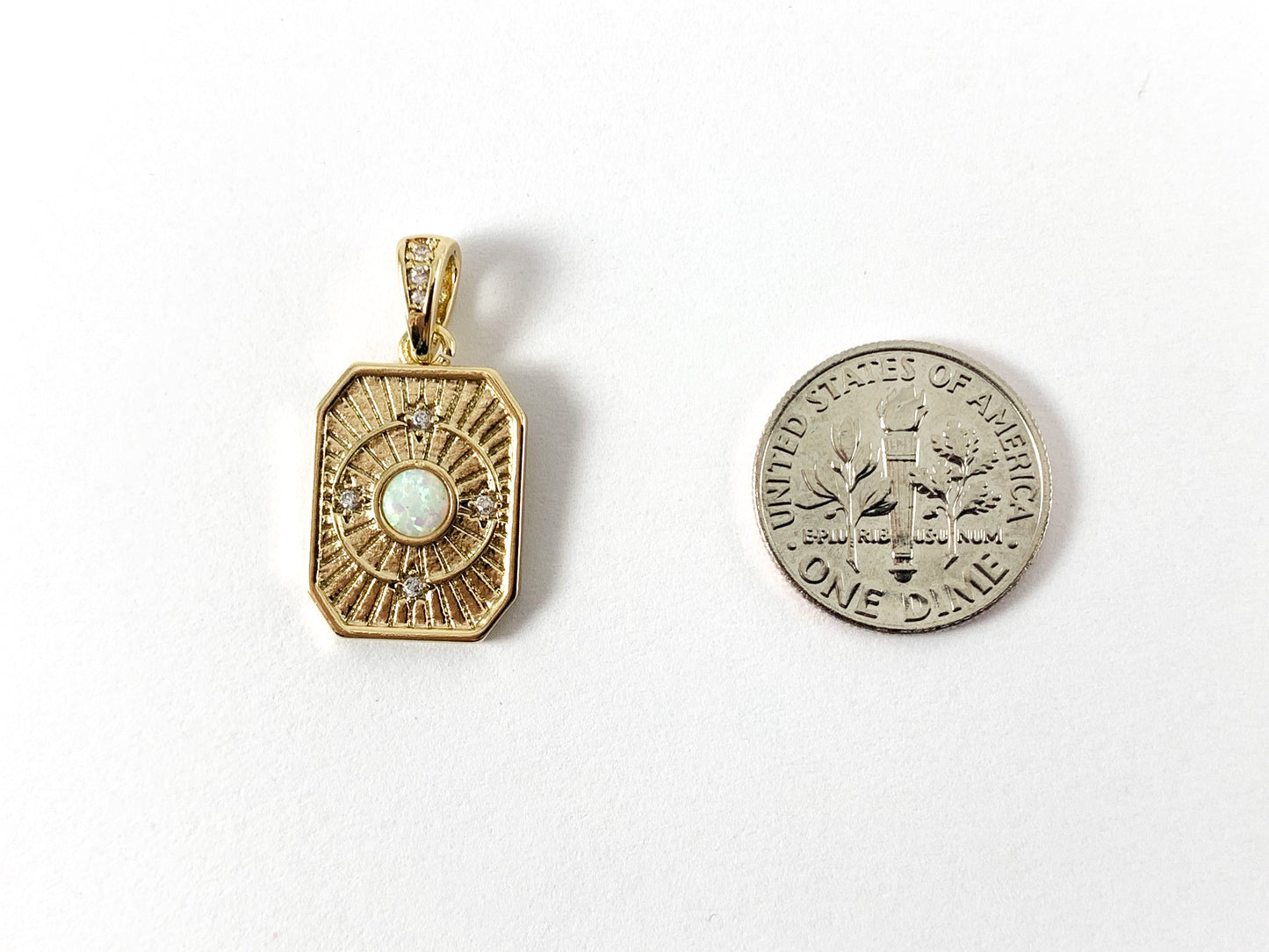Real Gold 18K Plated CZ Pave Rectangle Tag Charm Pendant with Japanese Opal 5PCS