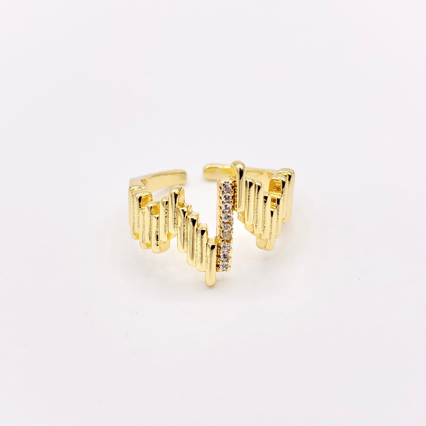 Chevron V Shaped Geometric Baguette Ring in Real Gold 18K Plated Copper CZ Pave Adjustable Ring 4 PCS