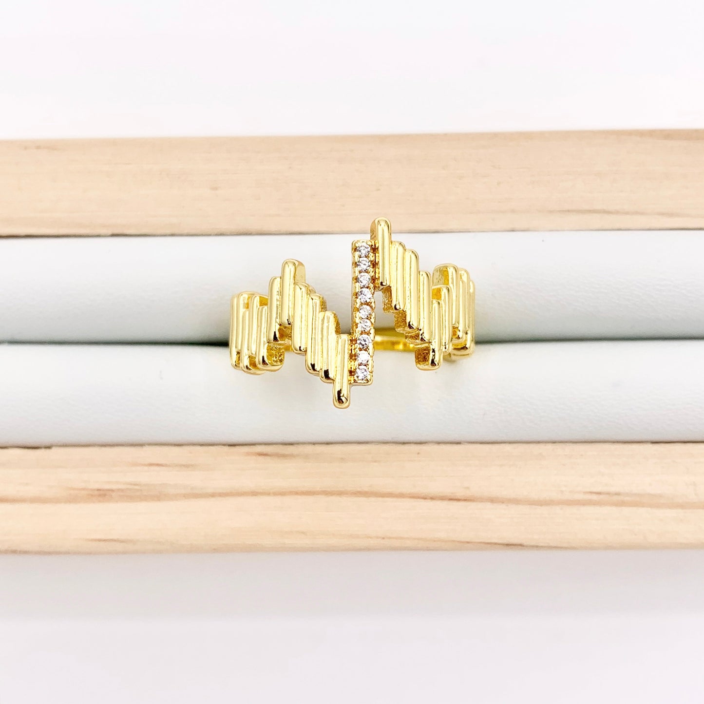 Chevron V Shaped Geometric Baguette Ring in Real Gold 18K Plated Copper CZ Pave Adjustable Ring 4 PCS
