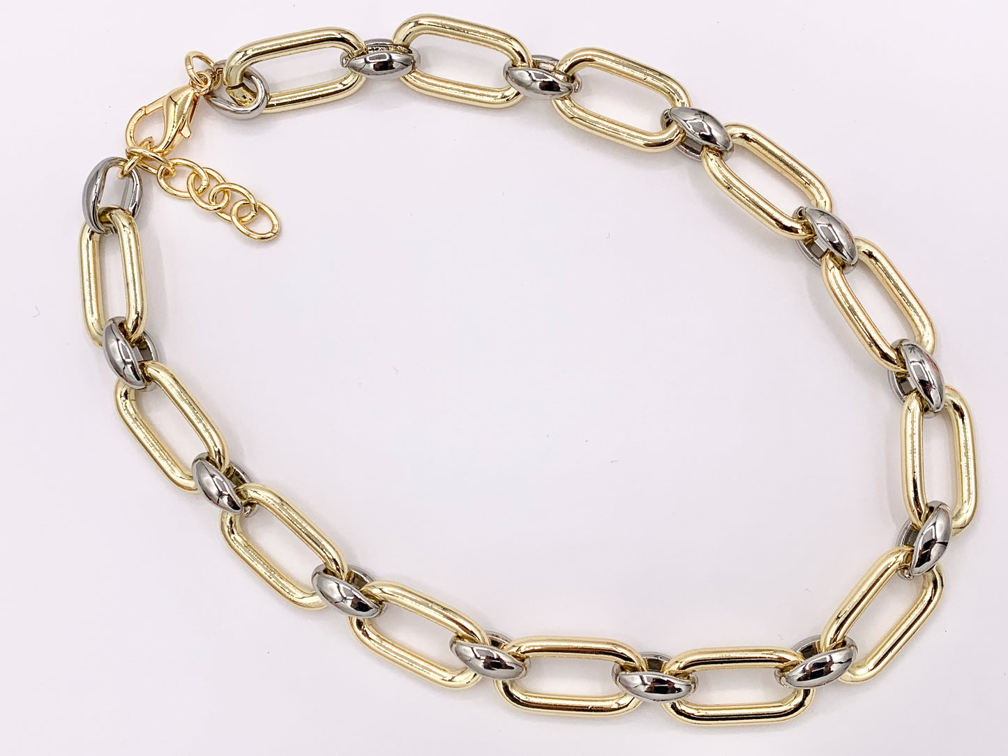 Chunky Paperclip Oval Link Chain Necklace in Gold/Silver 2 Tone Plated Copper Finished Necklace 19" with 1.8" Extension Link