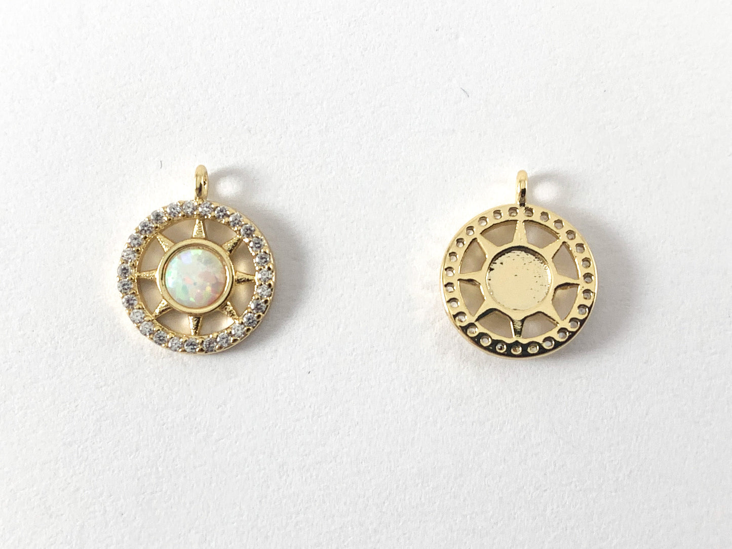 Real Gold 18K Plated CZ Pave Coin Charm Pendant with Japanese Opal 6PCS