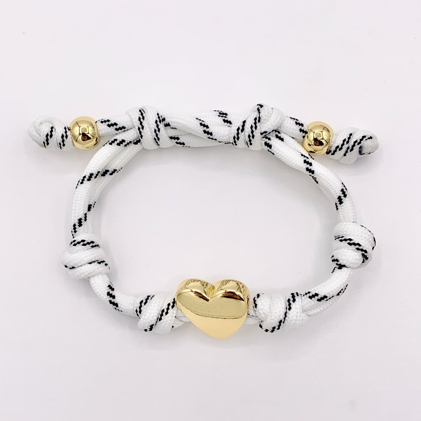 6-7" Pink & White Knotted Cord Adjustable Heart bracelet with 18K Gold Plated Findings 1PC