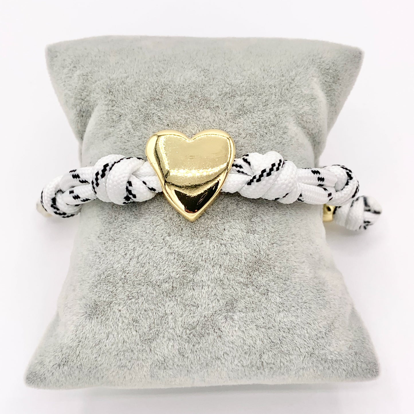 6-7" Pink & White Knotted Cord Adjustable Heart bracelet with 18K Gold Plated Findings 1PC