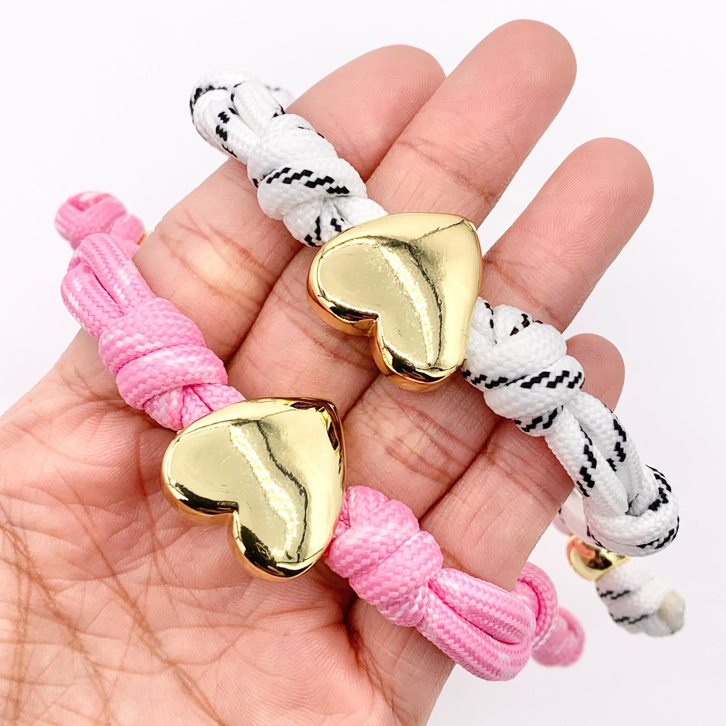 6-7" Pink & White Knotted Cord Adjustable Heart bracelet with 18K Gold Plated Findings 1PC