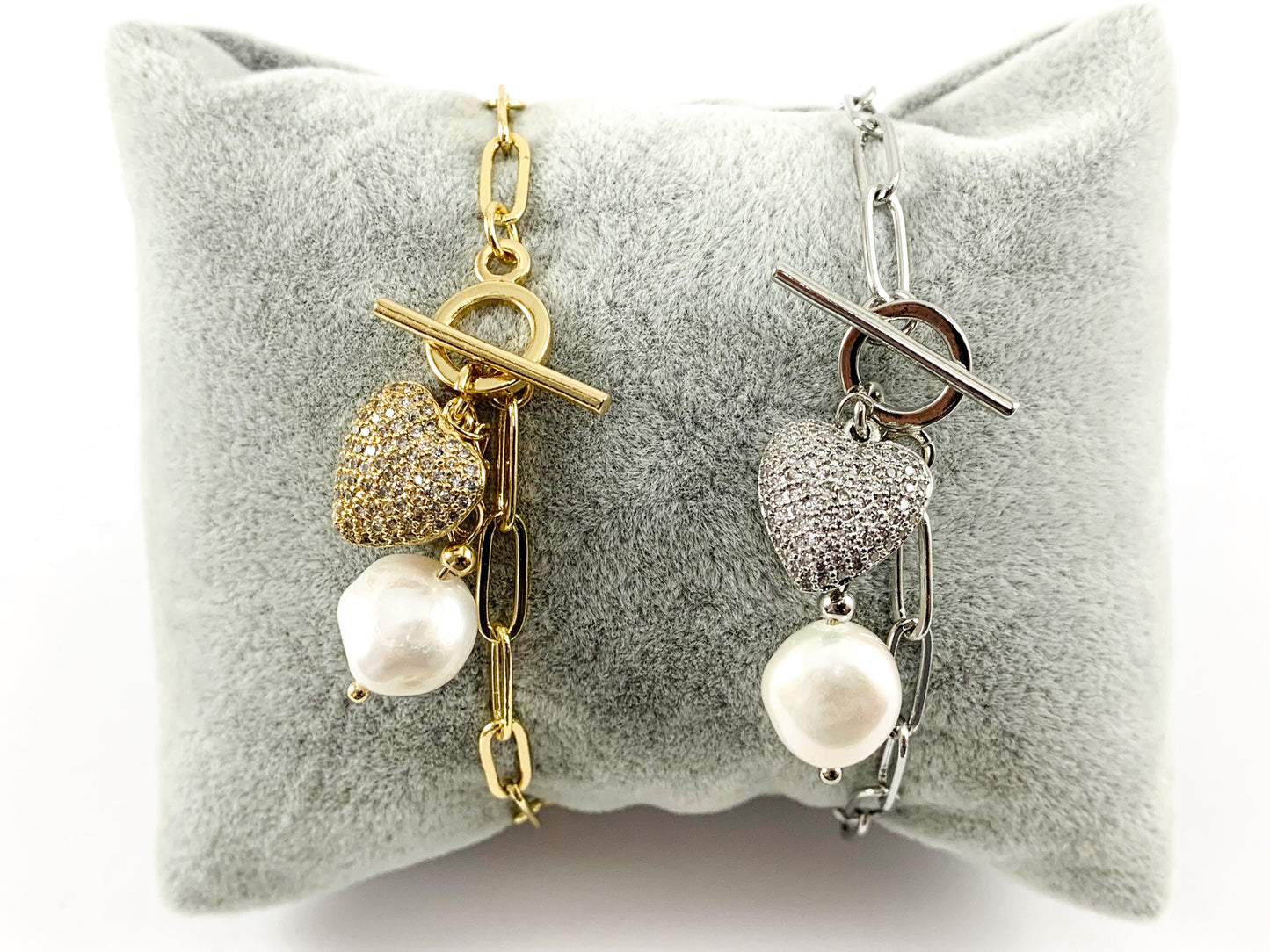 Real Gold/Platinum 18K Plated Copper CZ Pave Heart Bracelet with Freshwater Pearl