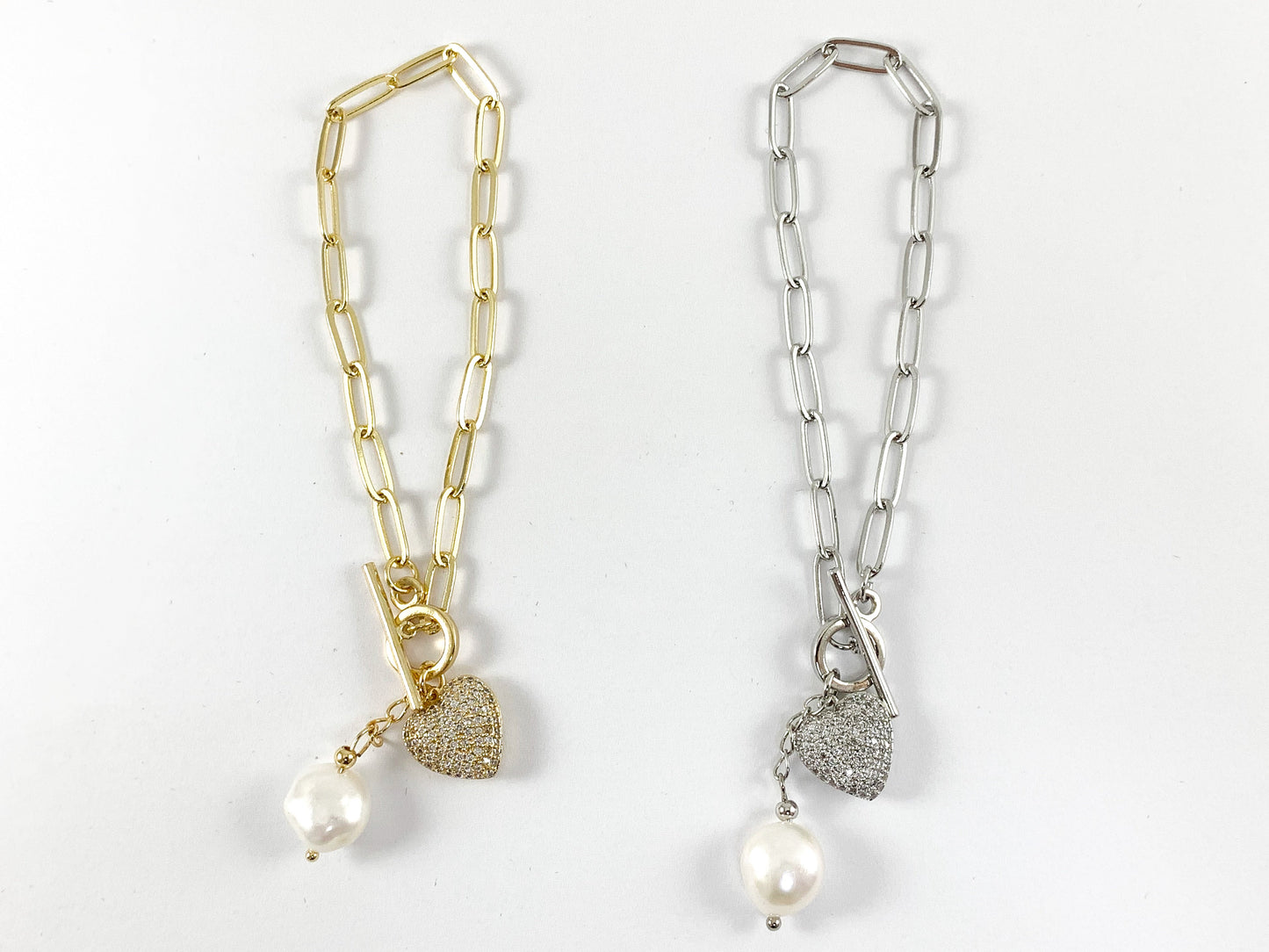 Real Gold/Platinum 18K Plated Copper CZ Pave Heart Bracelet with Freshwater Pearl