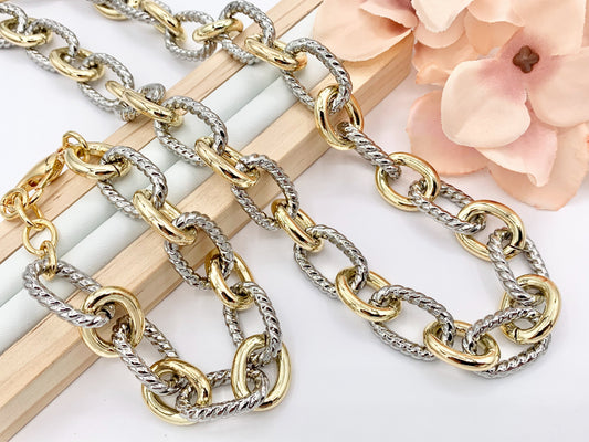 Chunky Twisted Oval Link Chain Necklace And Bracelet in Gold/Silver 2 Tone Plated Copper Finished Necklace 18.5"-20" Bracelet 7"-8" 1PC