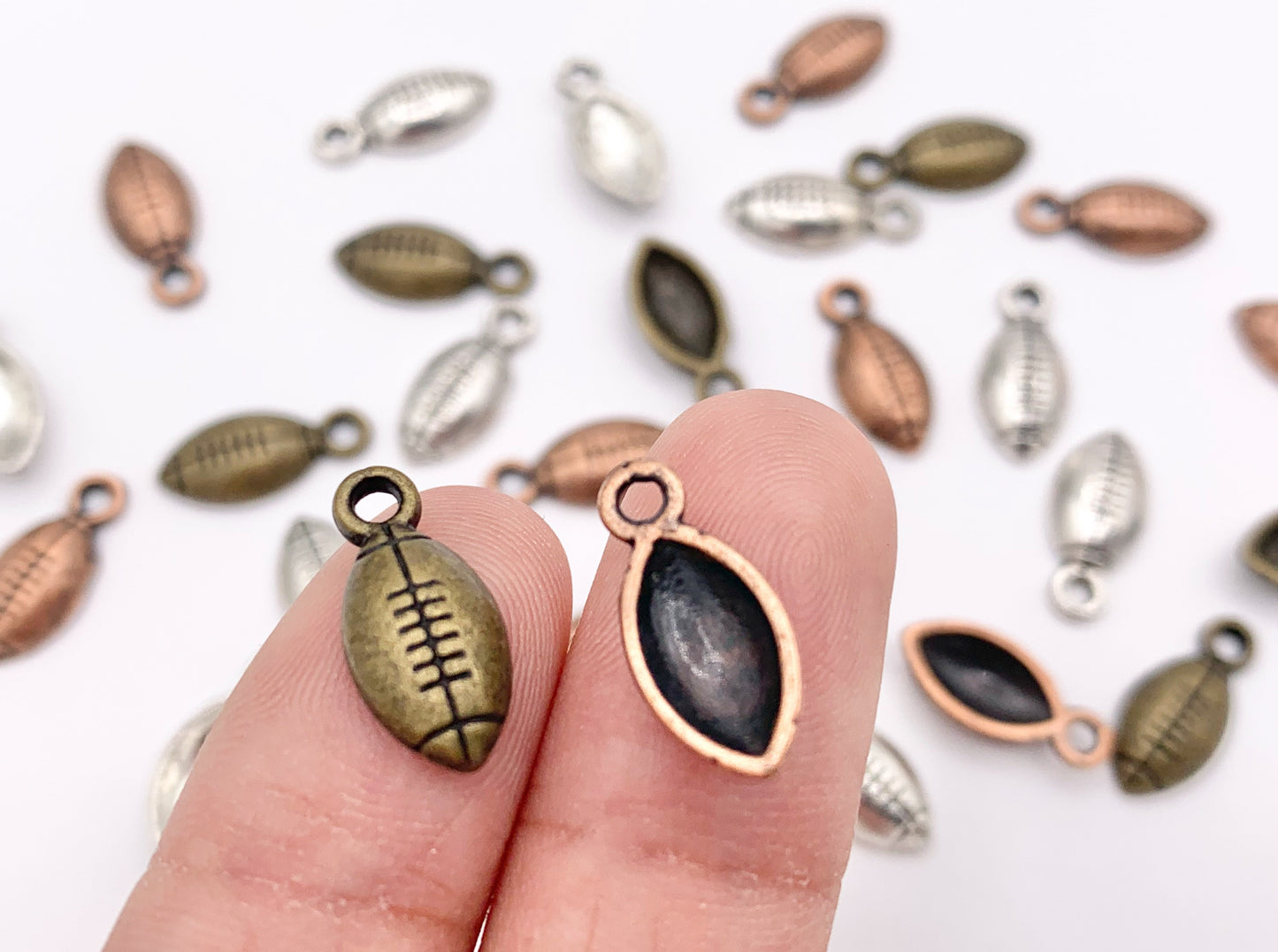 7x15mm Pewter One Sided Tiny Football Charms Small Curved Sports Charms Bulk Order in  Silver, Copper and Brass 125G