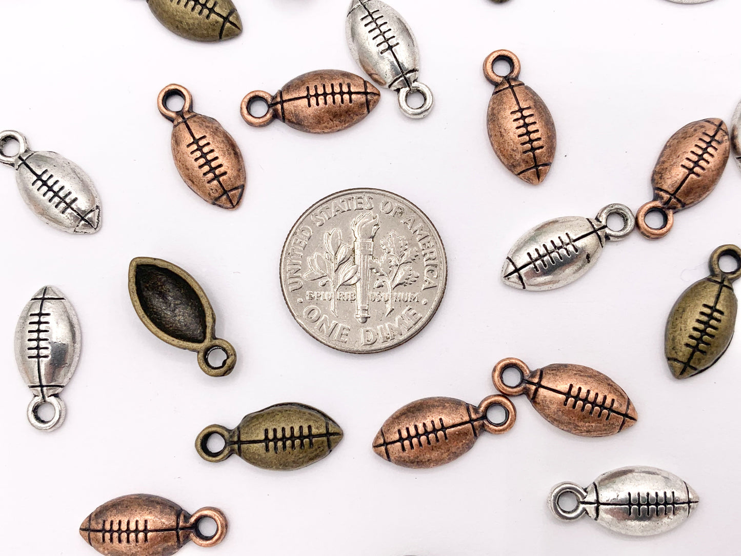 7x15mm Pewter One Sided Tiny Football Charms Small Curved Sports Charms Bulk Order in  Silver, Copper and Brass 125G