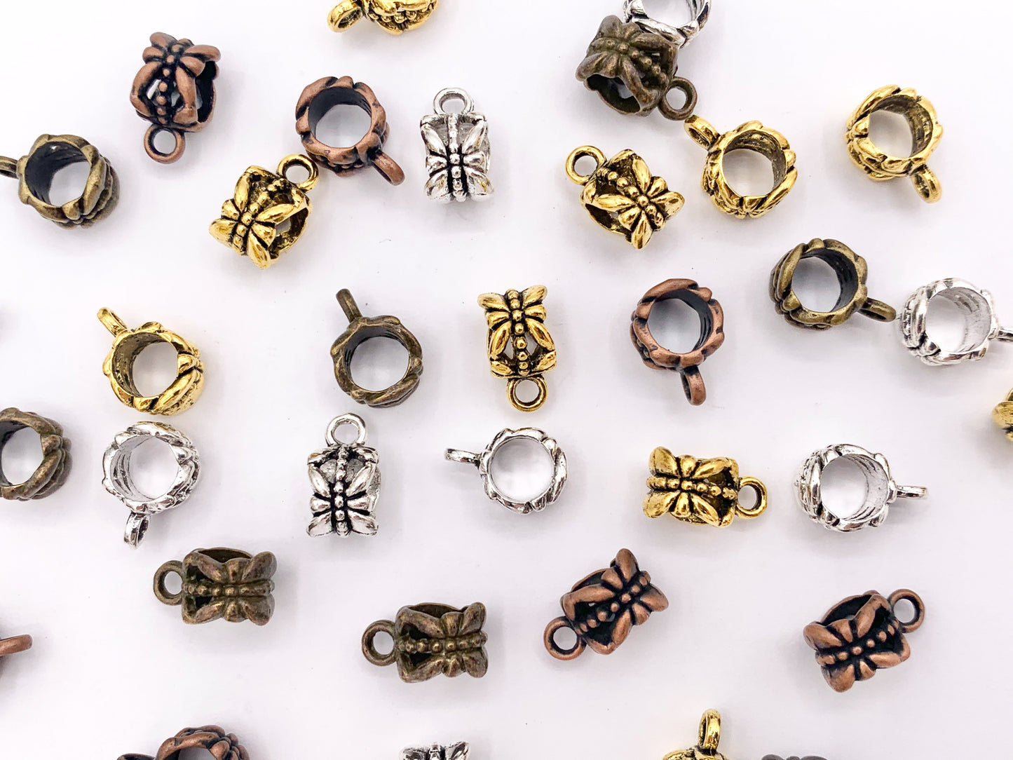 6x8mm Pewter Charm Holder Spacers Butterfly Carved Spacers with Loop in Gold, Silver, Bronze and Copper 125G