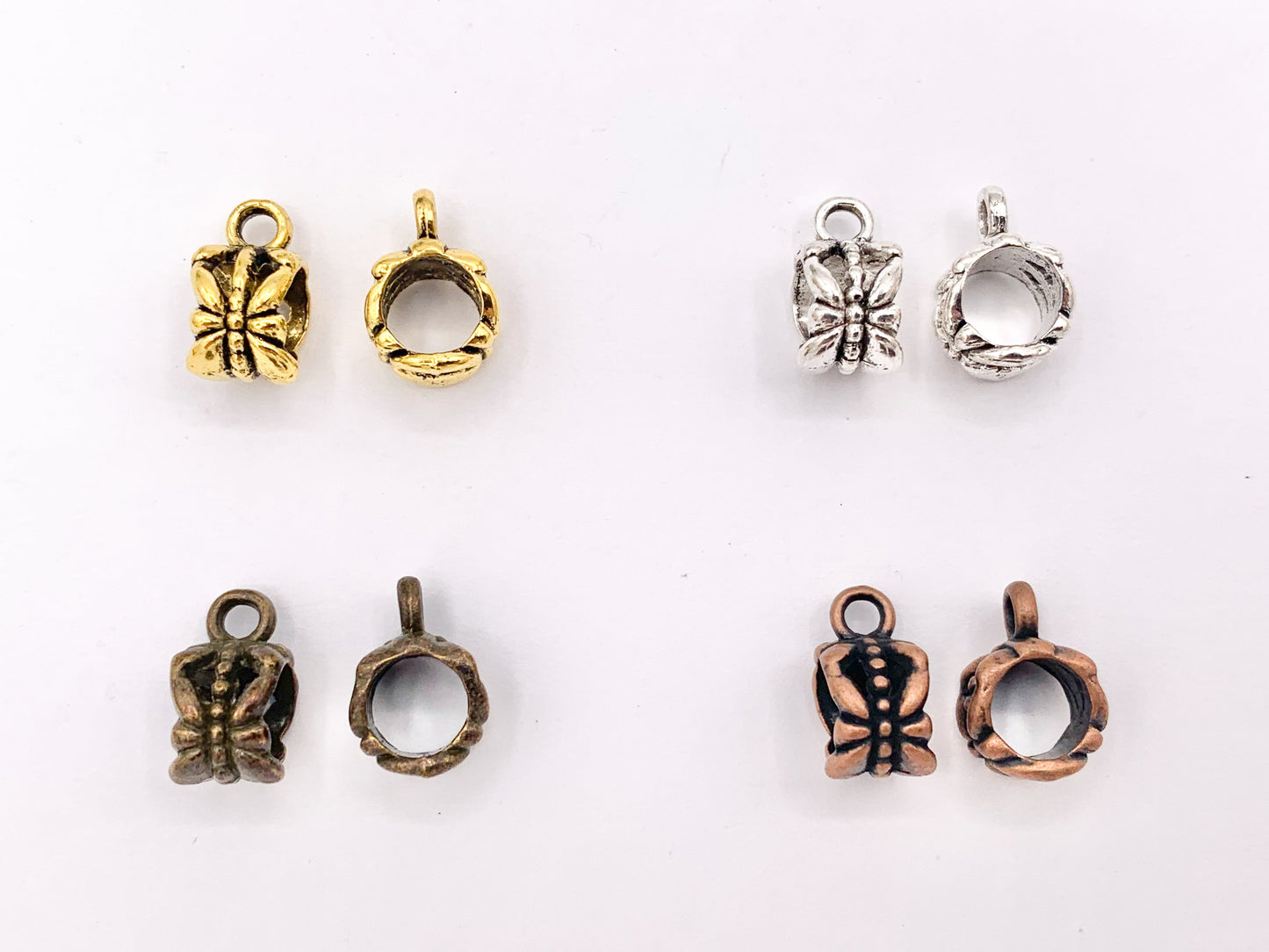 6x8mm Pewter Charm Holder Spacers Butterfly Carved Spacers with Loop in Gold, Silver, Bronze and Copper 125G