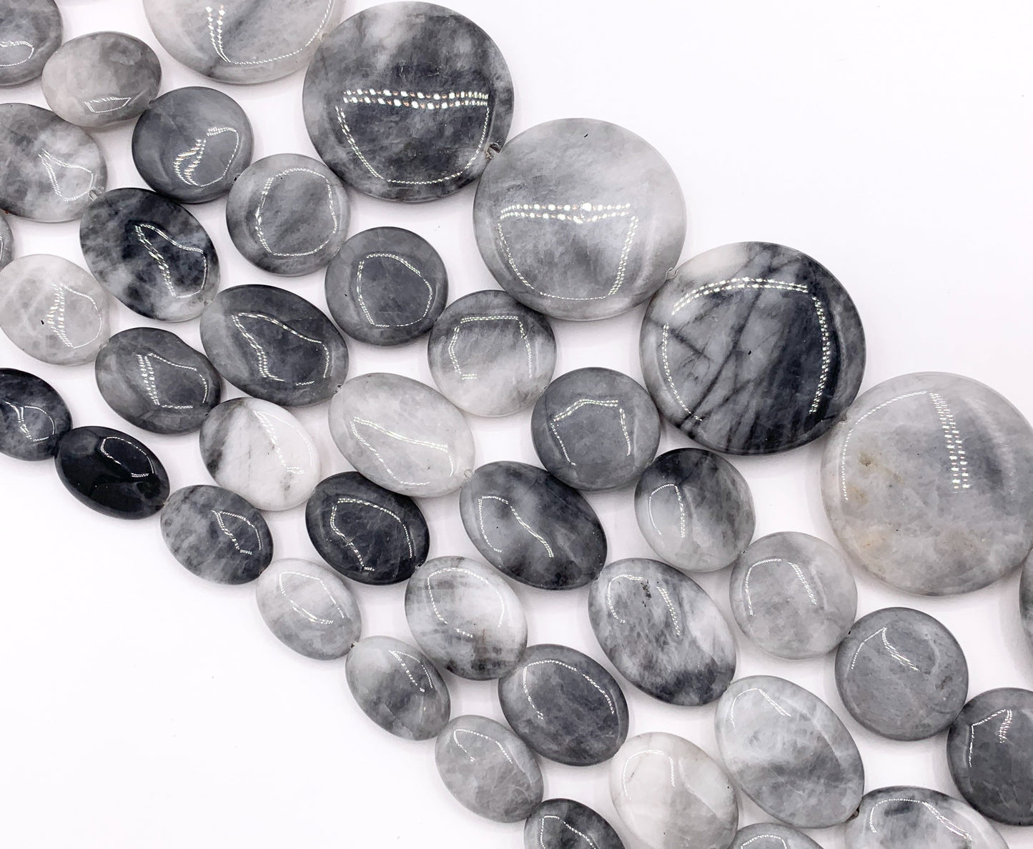 Eagle Eye Oval & Coin Smooth Natural Gray Stone Beads 15"- 16" Price 1 Strand
