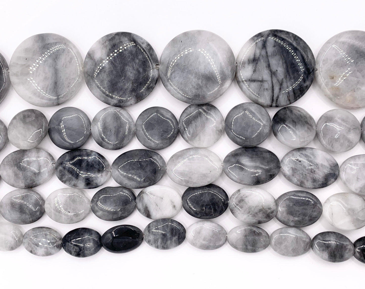 Eagle Eye Oval & Coin Smooth Natural Gray Stone Beads 15"- 16" Price 1 Strand