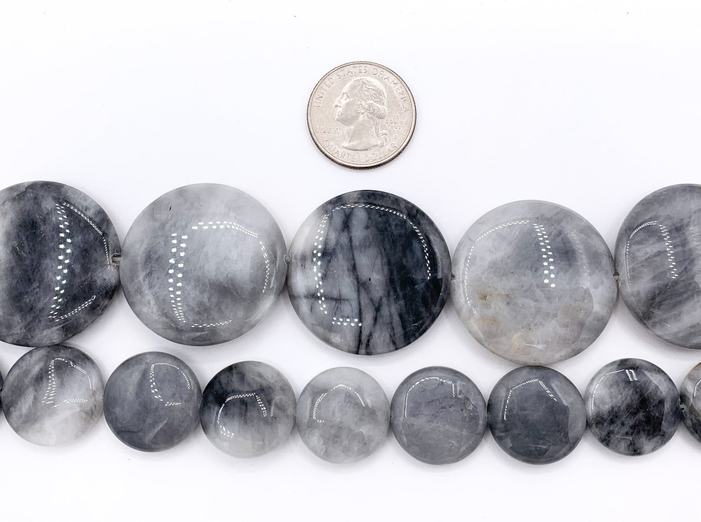 Eagle Eye Oval & Coin Smooth Natural Gray Stone Beads 15"- 16" Price 1 Strand