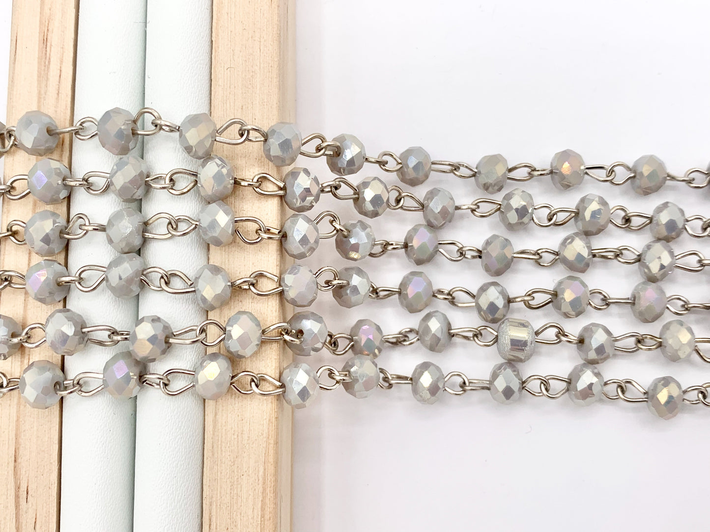 Light Gray AB Crystal Rondelle Faceted Rosary Beaded Chain With Silver Wire By Spool 6mm