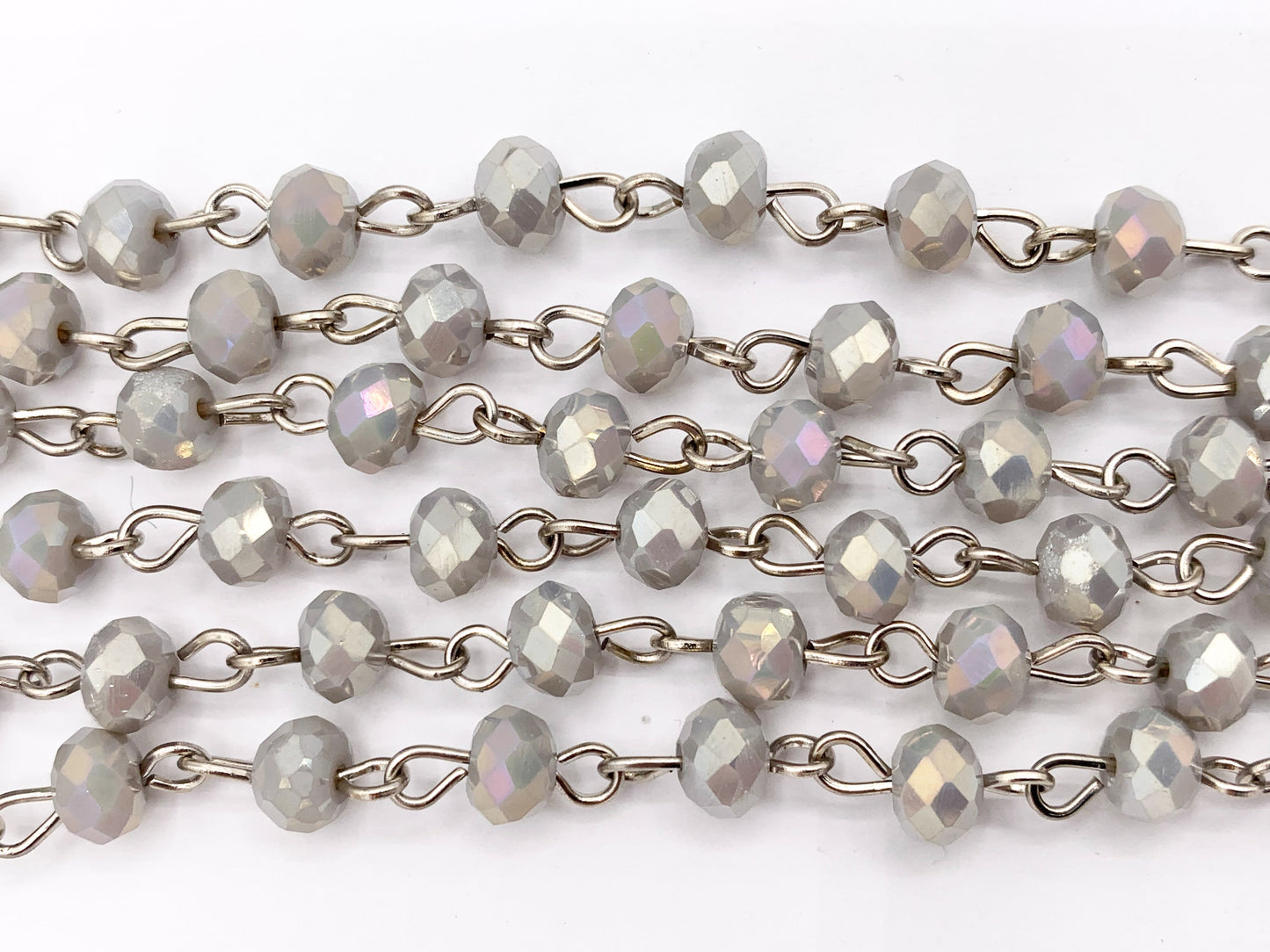 Light Gray AB Crystal Rondelle Faceted Rosary Beaded Chain With Silver Wire By Spool 6mm