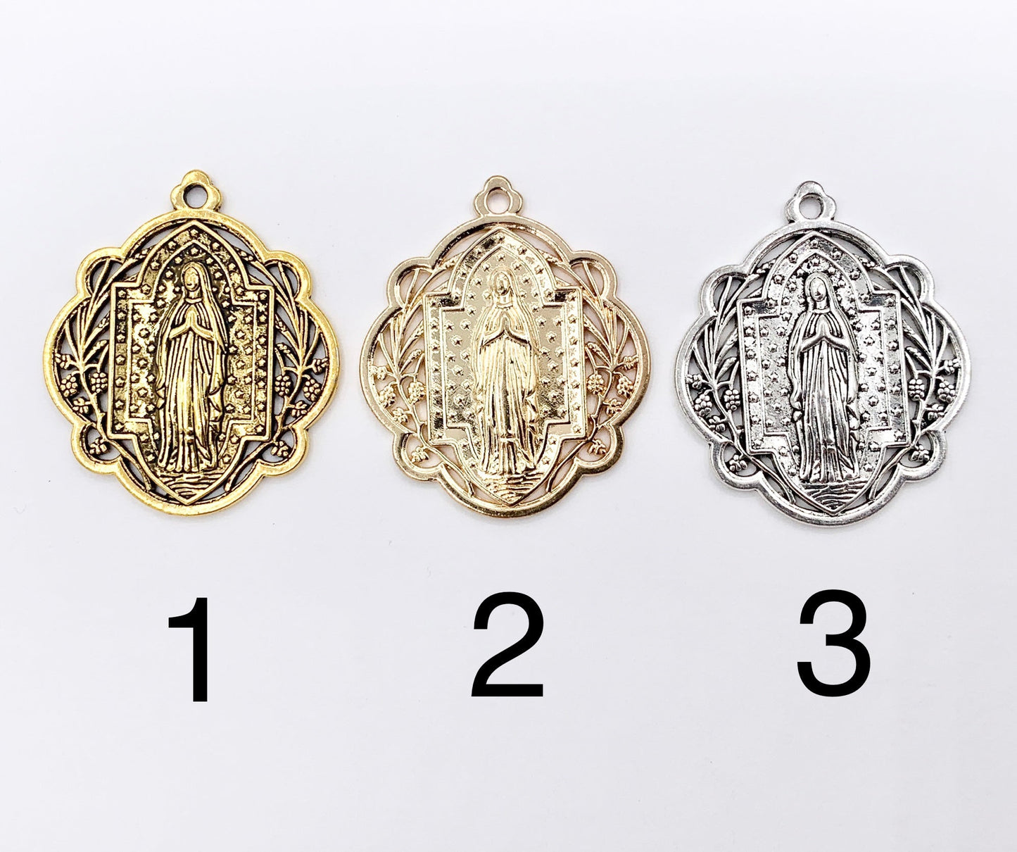 29mm Pewter Miraculous Virgin Mary Charm Ornate Catholic Pendant in Gold, Silver, Bronze, Copper, Gunmetal, Green & Blue Patina
