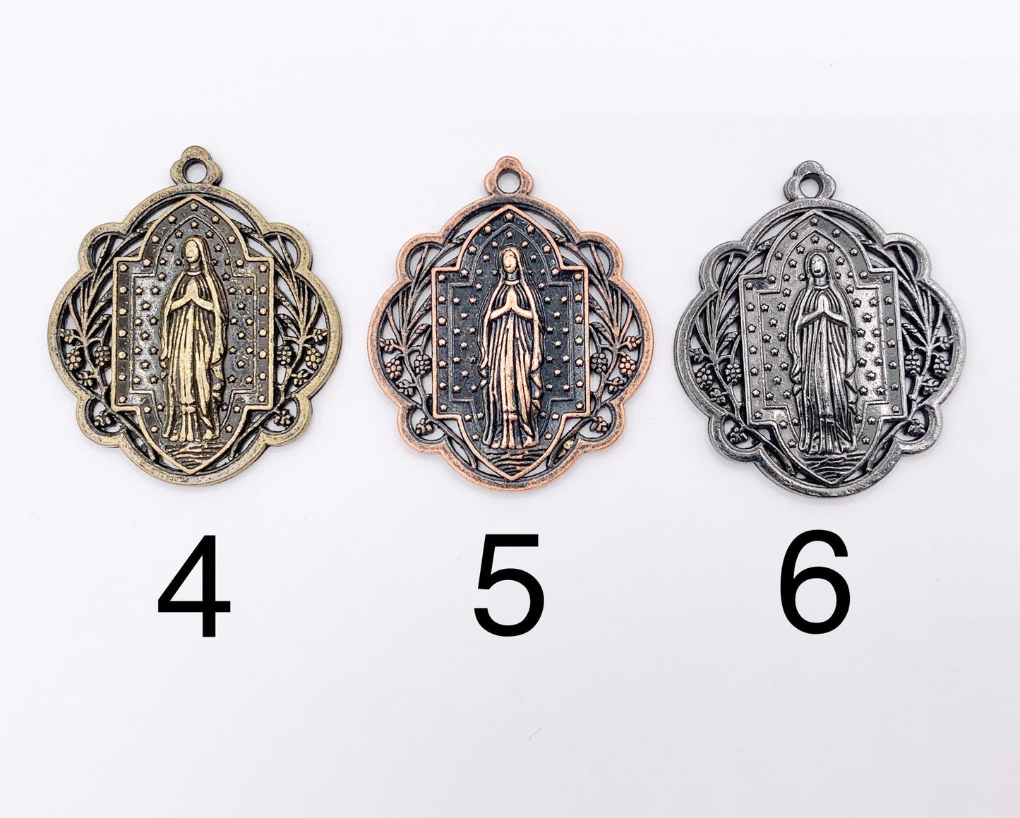 29mm Pewter Miraculous Virgin Mary Charm Ornate Catholic Pendant in Gold, Silver, Bronze, Copper, Gunmetal, Green & Blue Patina