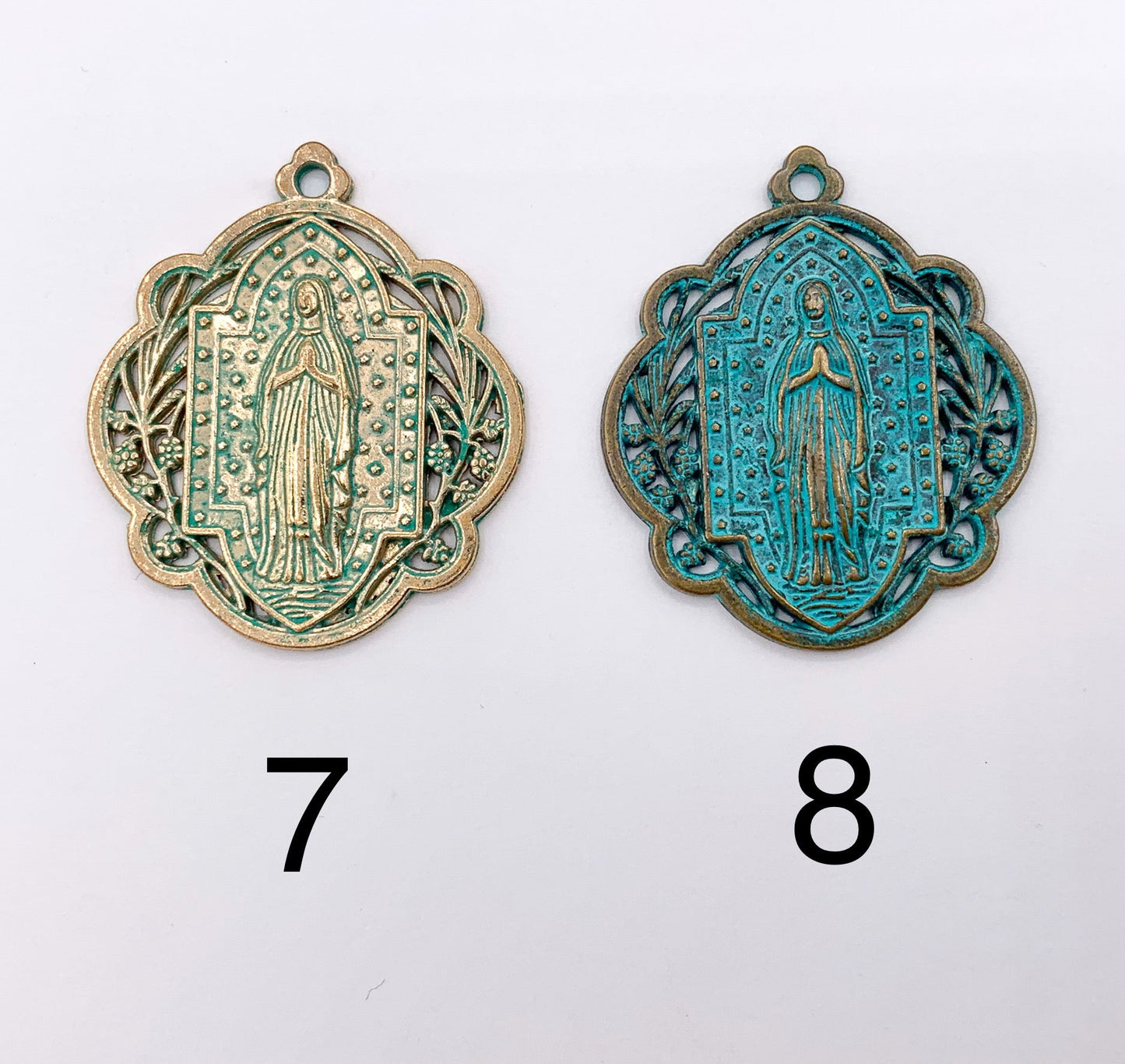 29mm Pewter Miraculous Virgin Mary Charm Ornate Catholic Pendant in Gold, Silver, Bronze, Copper, Gunmetal, Green & Blue Patina