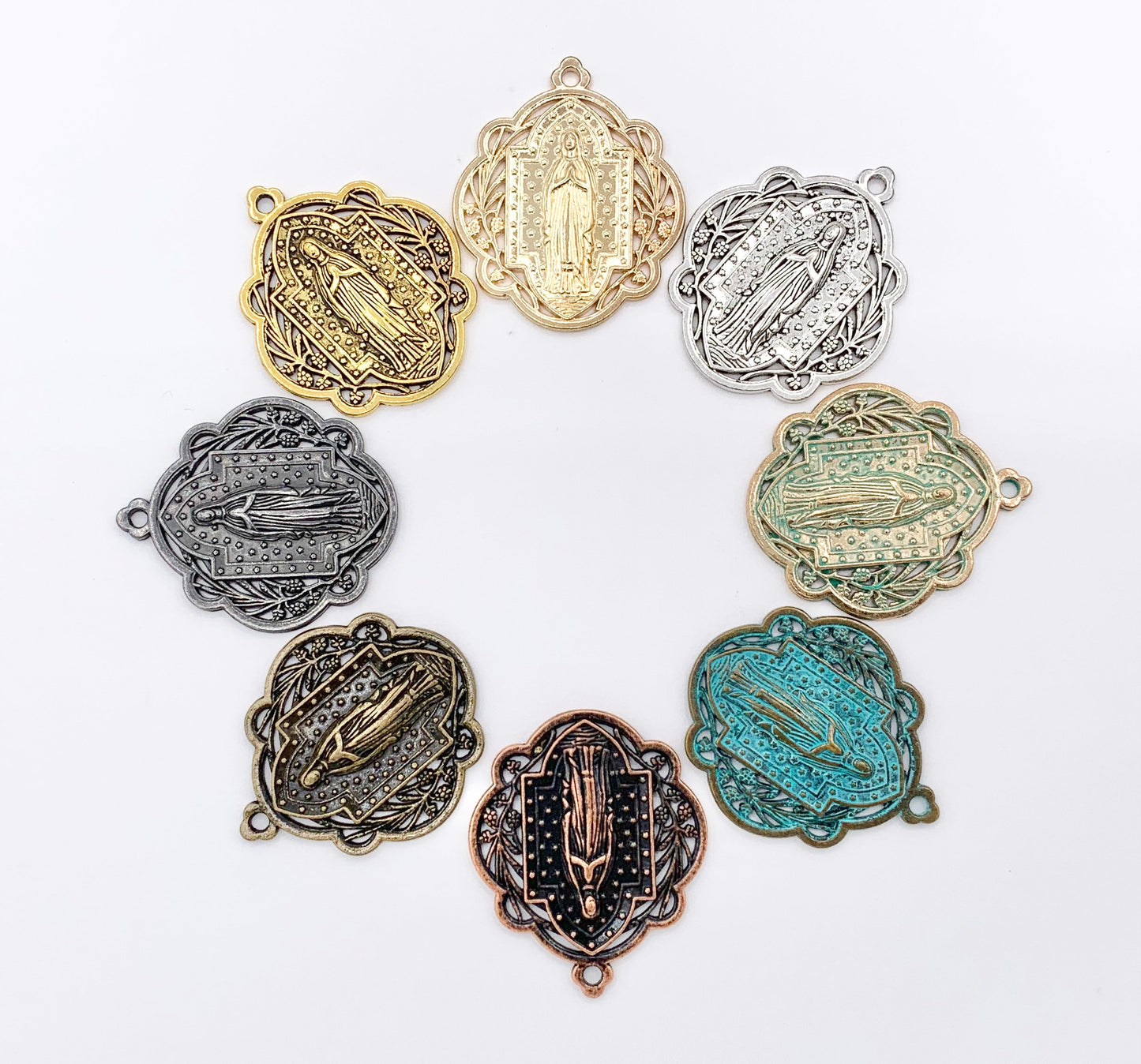 29mm Pewter Miraculous Virgin Mary Charm Ornate Catholic Pendant in Gold, Silver, Bronze, Copper, Gunmetal, Green & Blue Patina