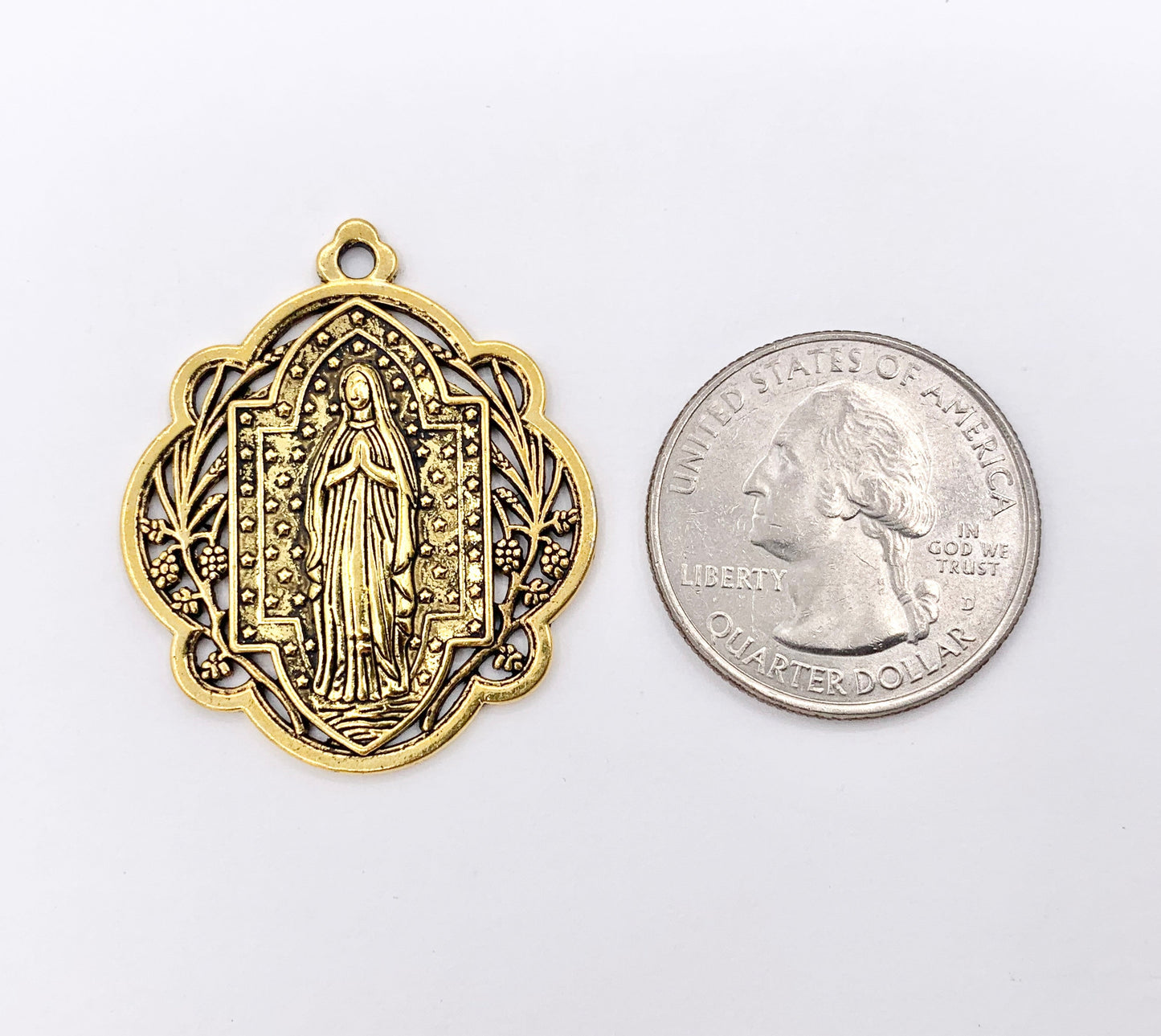 29mm Pewter Miraculous Virgin Mary Charm Ornate Catholic Pendant in Gold, Silver, Bronze, Copper, Gunmetal, Green & Blue Patina