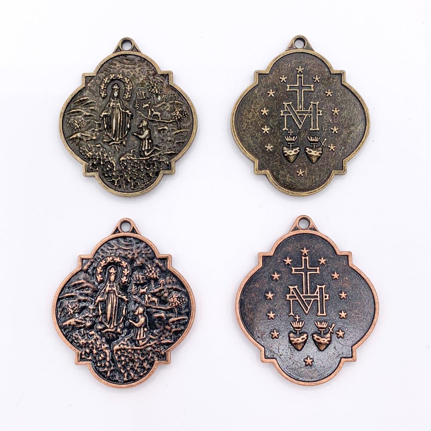 34mm Pewter Virgin Mary Marian Medal Pendant Catholic Religious Charm in Gold, Silver, Bronze, Copper, Gunmetal & Green Patina
