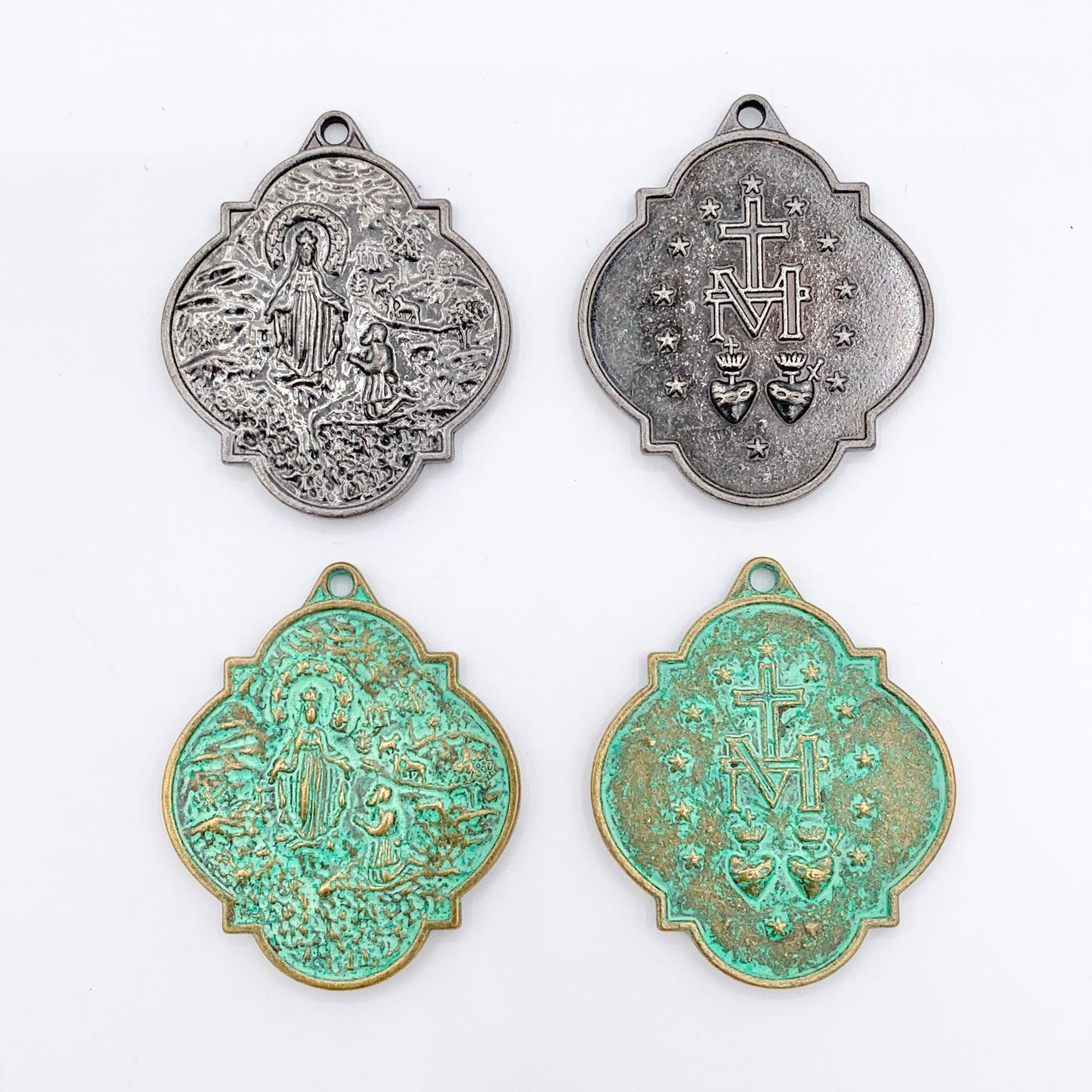 34mm Pewter Virgin Mary Marian Medal Pendant Catholic Religious Charm in Gold, Silver, Bronze, Copper, Gunmetal & Green Patina