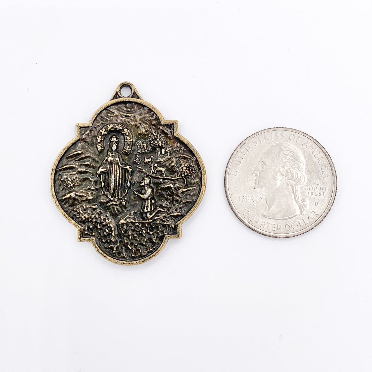 34mm Pewter Virgin Mary Marian Medal Pendant Catholic Religious Charm in Gold, Silver, Bronze, Copper, Gunmetal & Green Patina
