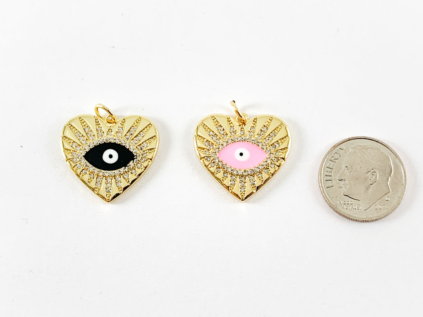 Real 18K Gold Plated Heart Evil Eye Enamel Charms Over Copper 5PCS