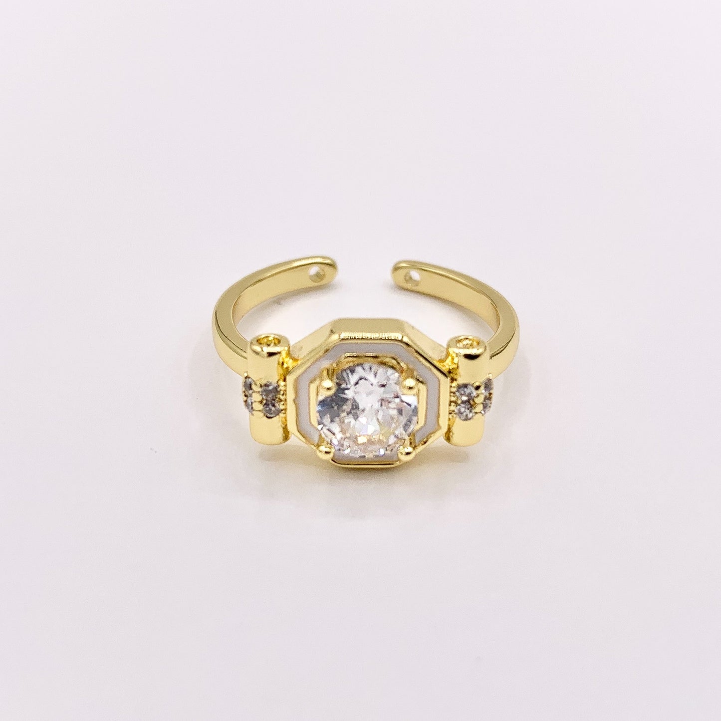 CZ Pave Rhinestone Adjustable Octagon Enamel Rings in 18K Gold Plated Copper 4 PCS