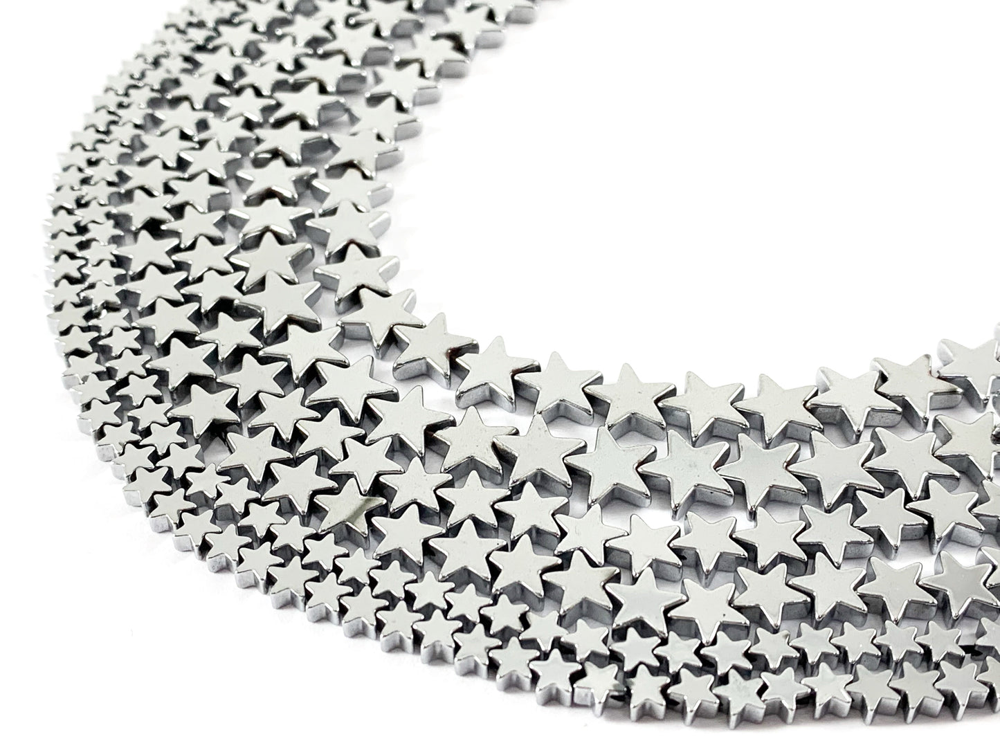 Rhodium Plated Hematite Star Shape Shiny Beads Around 15"