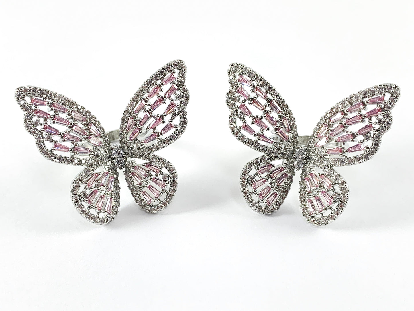 Platinum Plated Copper CZ Pave Pink Large Butterfly Adjustable Ring 3PCS