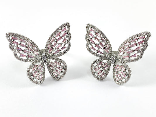 Platinum Plated Copper CZ Pave Pink Large Butterfly Adjustable Ring 3PCS
