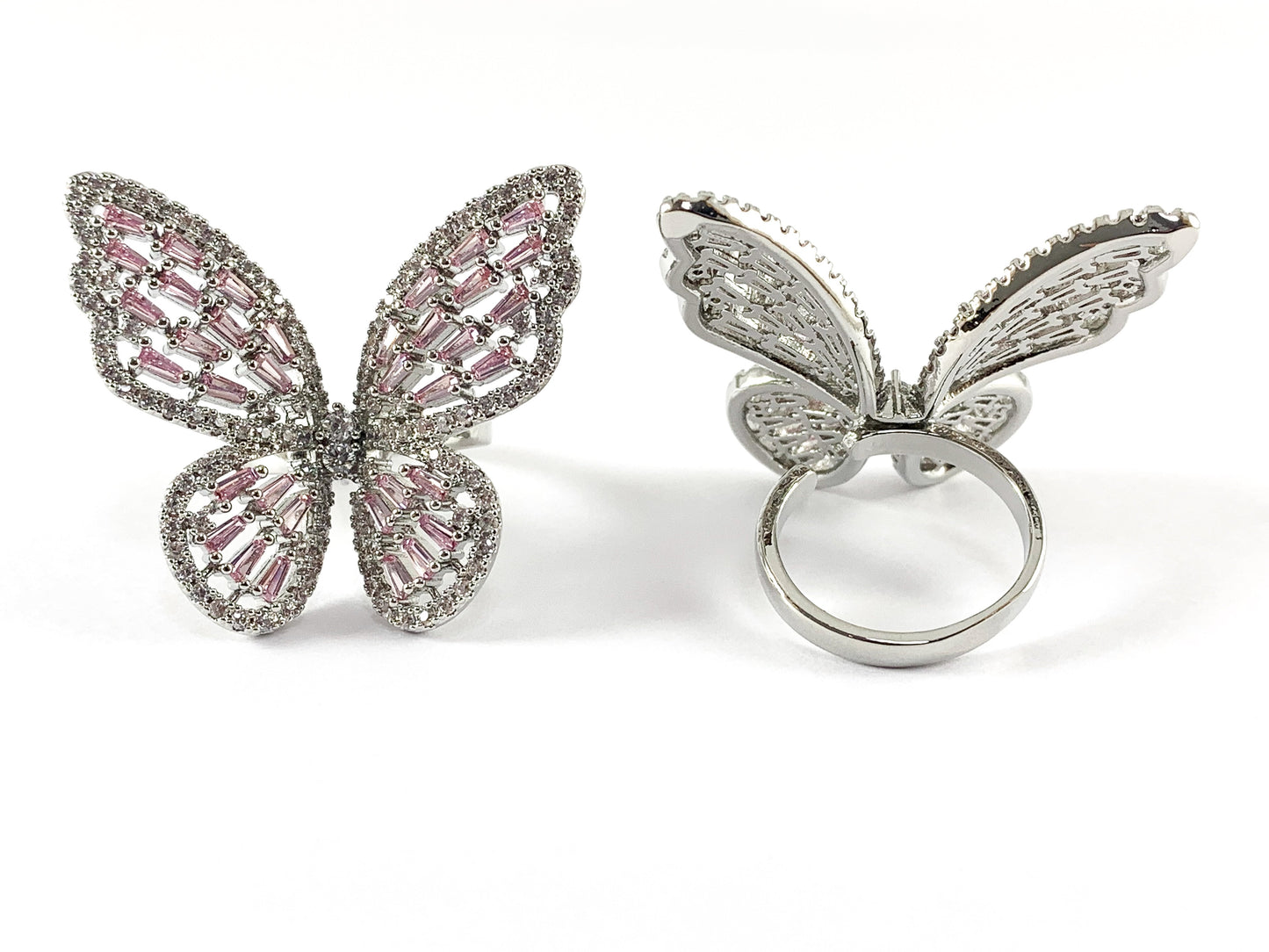 Platinum Plated Copper CZ Pave Pink Large Butterfly Adjustable Ring 3PCS