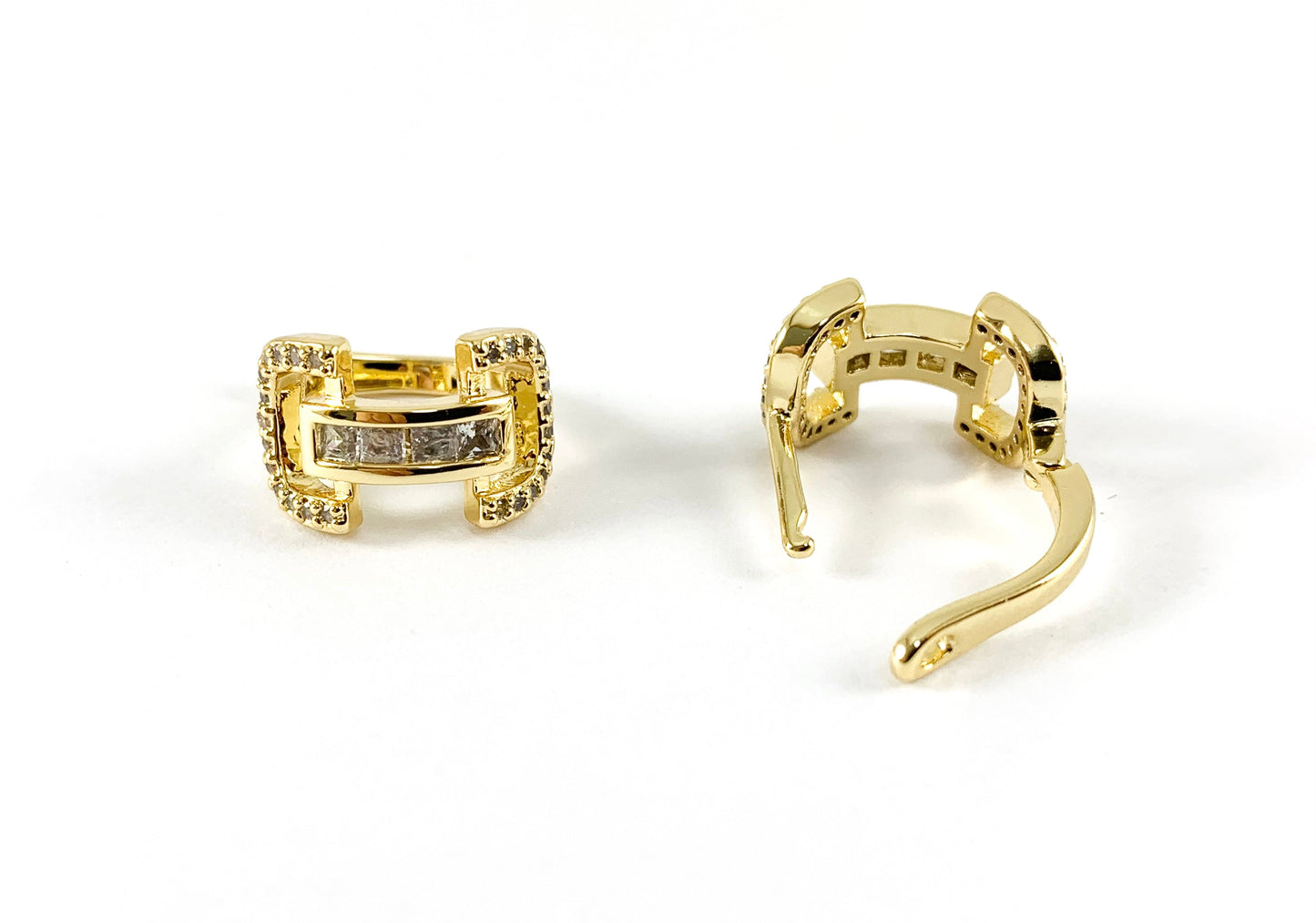 Real Gold 18K/Platinum Plated Micro CZ Pave U Shape Huggies Earrings Over Brass 3PAIRS