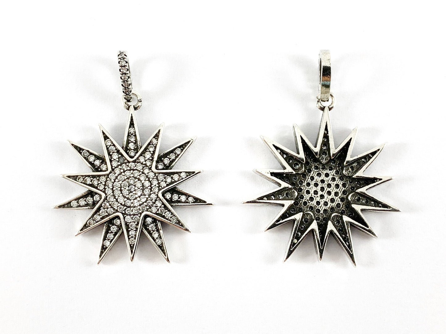 Real 18K Gold/Antique Silver Plated Micro CZ Pave Star Burst Pendant Charm Over Brass 3PCS