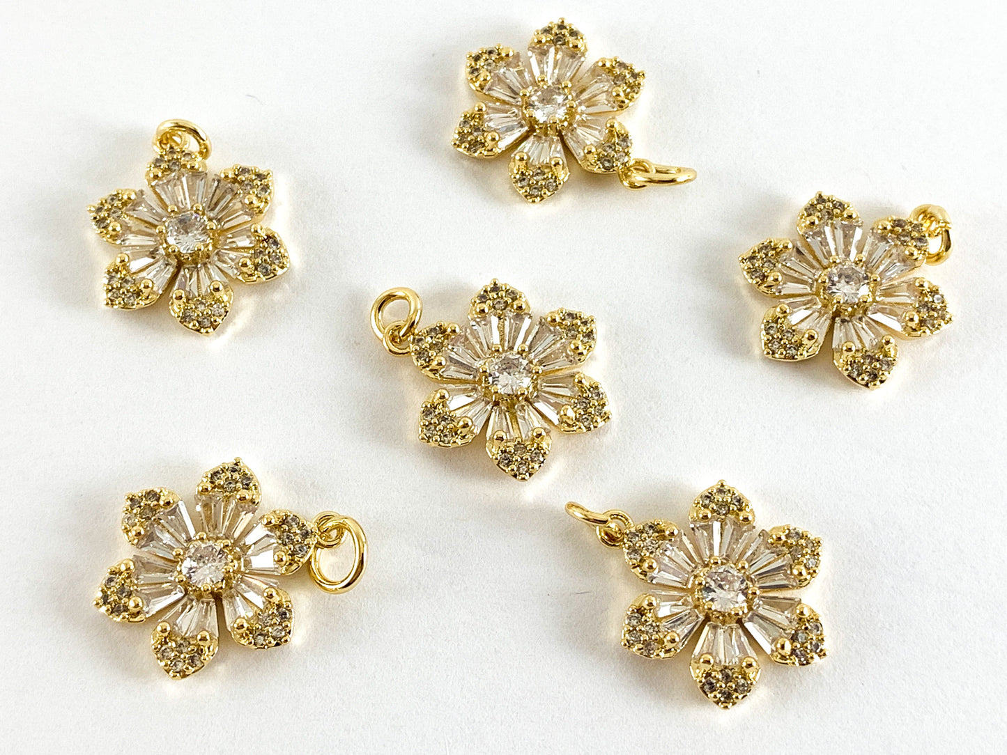 Real Gold 18K Plated Micro CZ Clear & Green Flower Pave Charm Over Brass 6PCS
