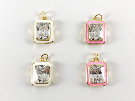 Real Gold 18K Plated Enamel & CZ Pave Rectangle Pendant Charm Over Copper 5PCS