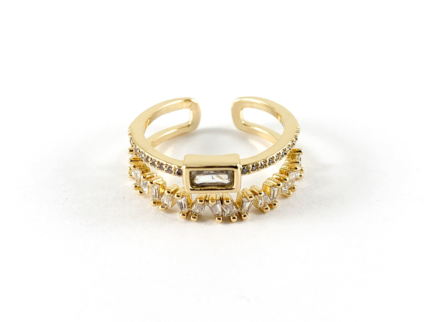 Real 18K Gold and Platinum Plated CZ Pave Adjustable Double Band Ring 4PCS