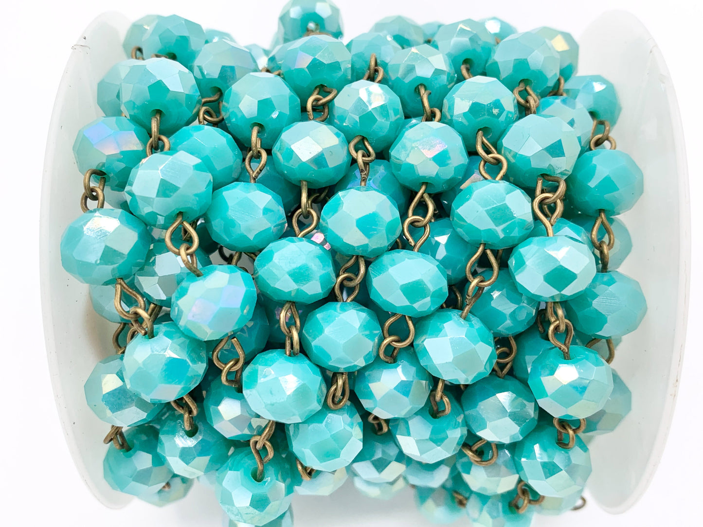 Turquoise AB Color Crystal Roundelle Faceted Rosary Beaded Chain With Brass Wire By Spool 6mm 8mm 10mm