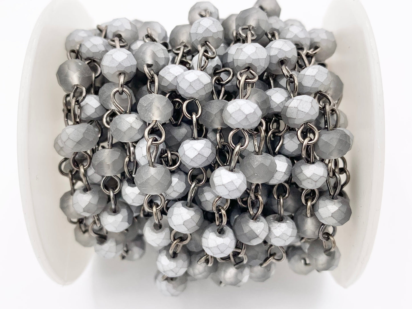 Matte Gray Crystal Half Coated Rondelle Faceted Rosary Beaded Chain With Gunmetal Wire By Spool 6mm 8mm