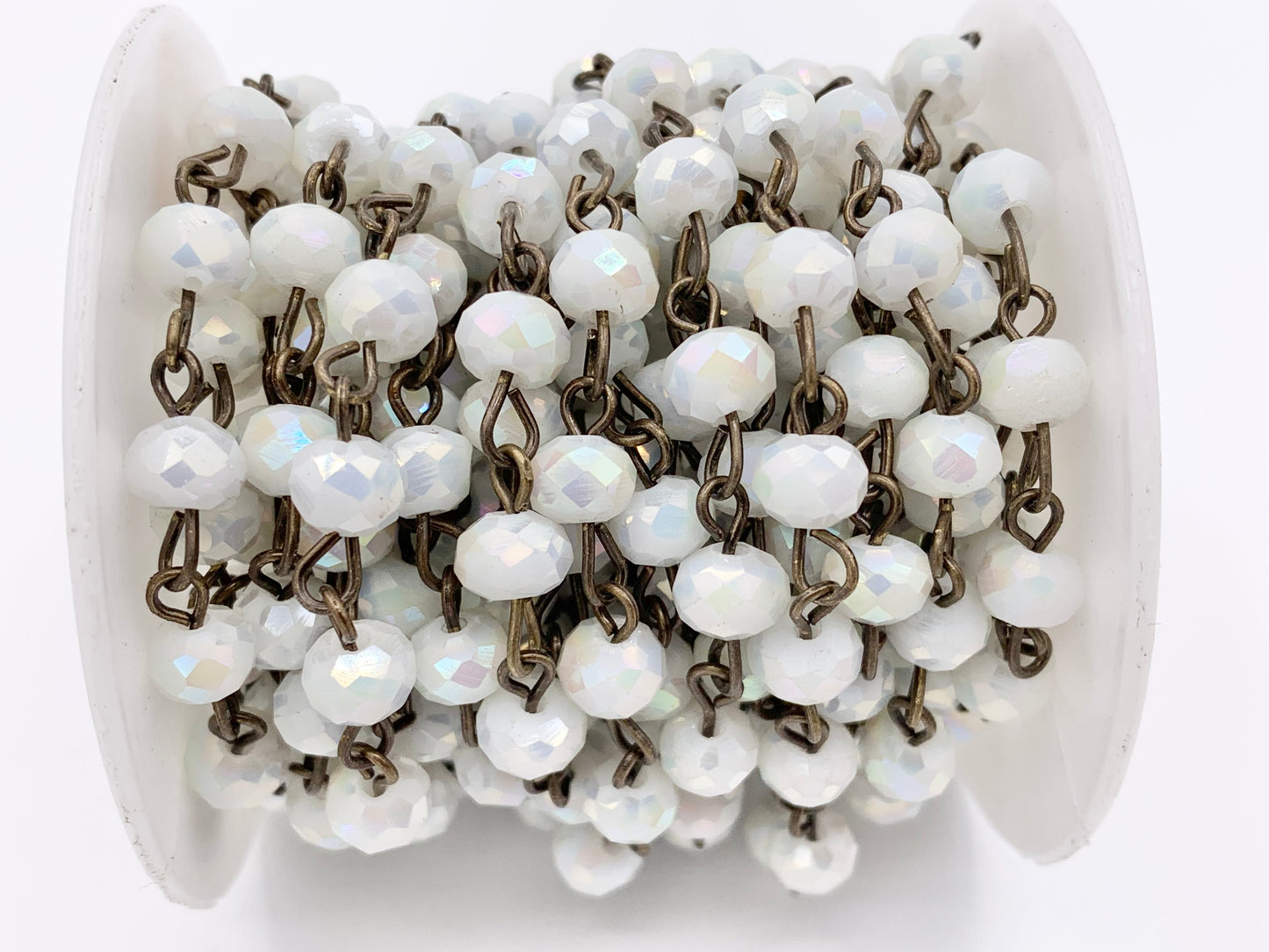 White AB Crystal Rondelle Faceted Rosary Beaded Chain With Brass Wire By Spool 6mm 8mm