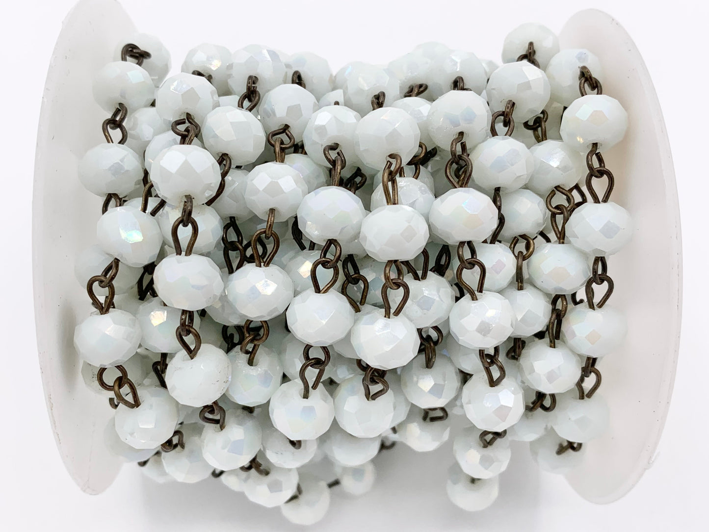 White AB Crystal Rondelle Faceted Rosary Beaded Chain With Brass Wire By Spool 6mm 8mm