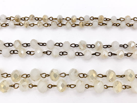 Cream Half Coated Crystal Rondelle Faceted Rosary Beaded Chain With Brass Wire By Spool 6mm 8mm 10mm